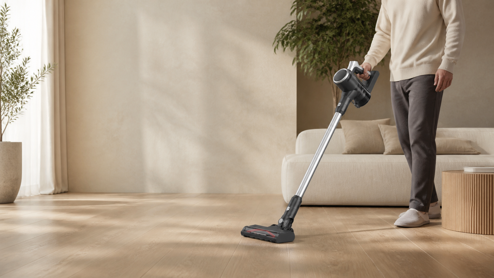 A person using a PBHPBH silver and black vacuum at home